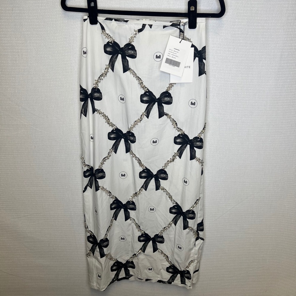 Milkwhite SS24-416 Bow Diamond Lattice Rhinestone Midi Skirt White Black XS NWT